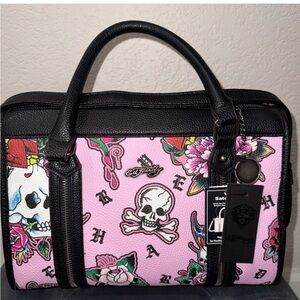 Ed Hardy Pink Skull & Floral Satchel with Black Trims